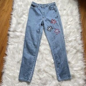 VINTAGE Frederick’s Of Hollywood Jeans SIZE 9/10 Light Wash 90s Y2K Mesh Flowers